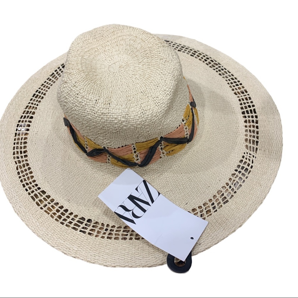 NWT Zara woven straw hat - natural with yellow & pink contrast band